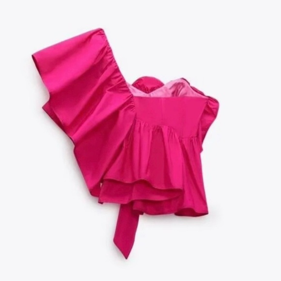 Zara Asymmetrical Pink Fushia One Shoulder Ruffle Top - Picture 6 of 7